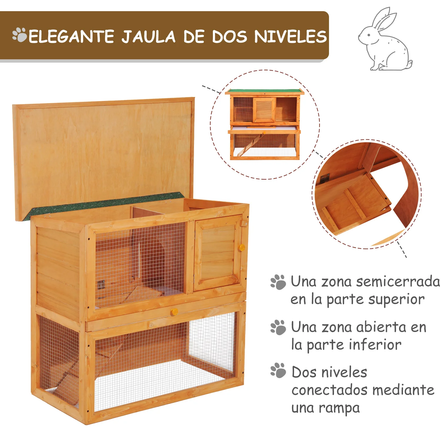 PawHut Conejera Madera Jaula para Conejos o Casa para Animales Pequeños 90x45x80cm Área de Juego - imagen 3