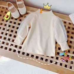 Camiseta niña de algodón con encaje manga larga