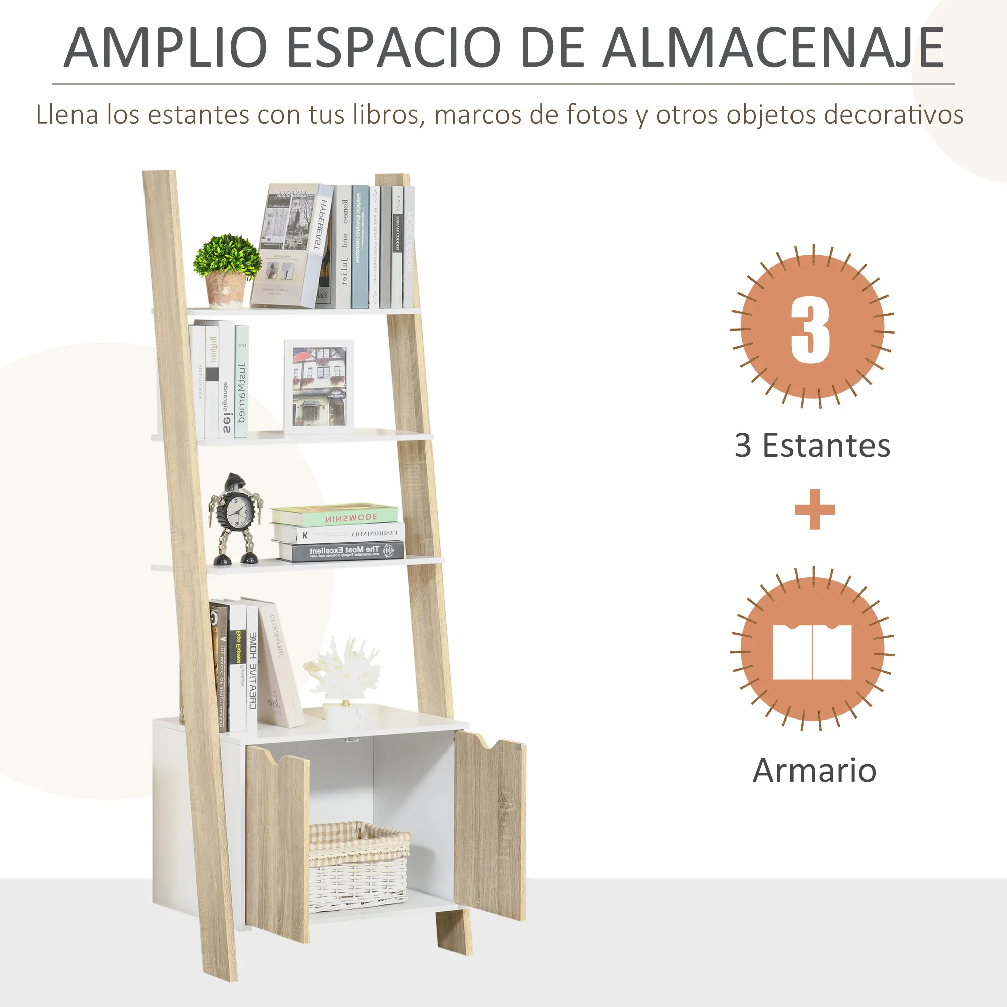 HOMCOM Estantería en Forma de Escalera de Madera con 3 Estantes y 1 Armario de Almacenaje Librería de Moderno 60x40x171cm Blanco - imagen 4