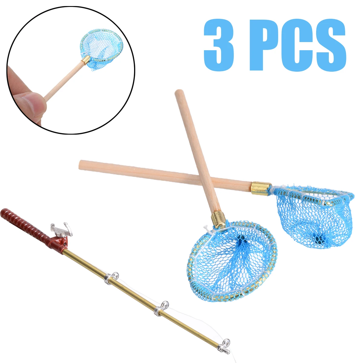 3pcs/set Fishing Rod Round Net Triangle Net Set For Miniature 1:12 Dollhouse Decor Garden Decoration