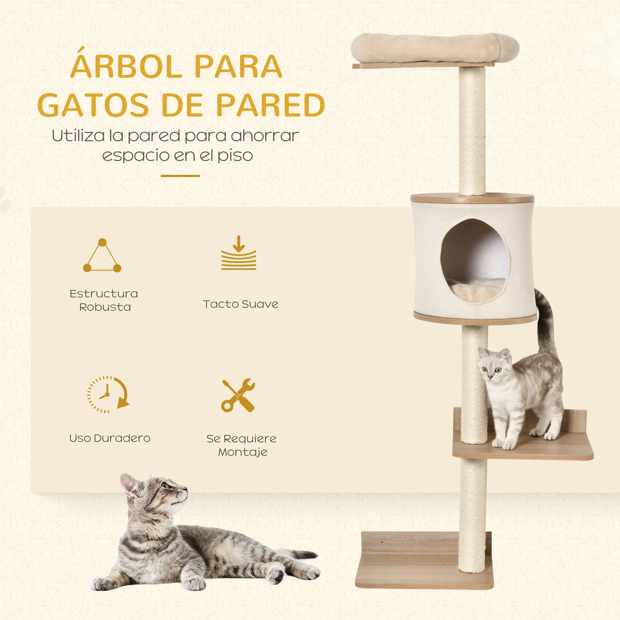 PawHut Árbol para Gatos de Pared con Múltiples Plataformas Cueva Cama Superior Cojín Extraíble Postes Rascadores de Sisal Torre para Escalar 38x30x149 cm Beige y Roble - imagen 3