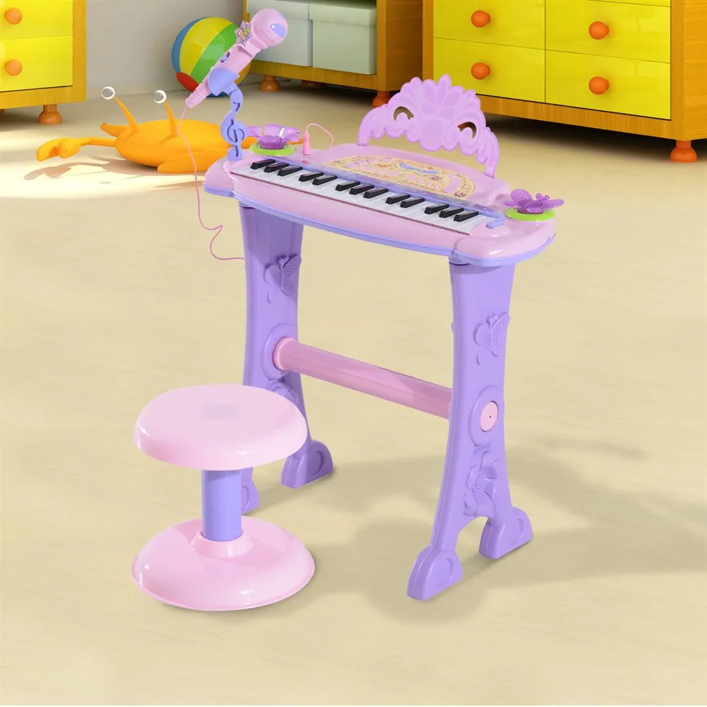 HOMCOM Teclado Electrónico Infantil 32 Teclas Juguete Musical con Micrófono Taburete Luces Variedad Sonidos Rítmos MP3 Rosa - imagen 2