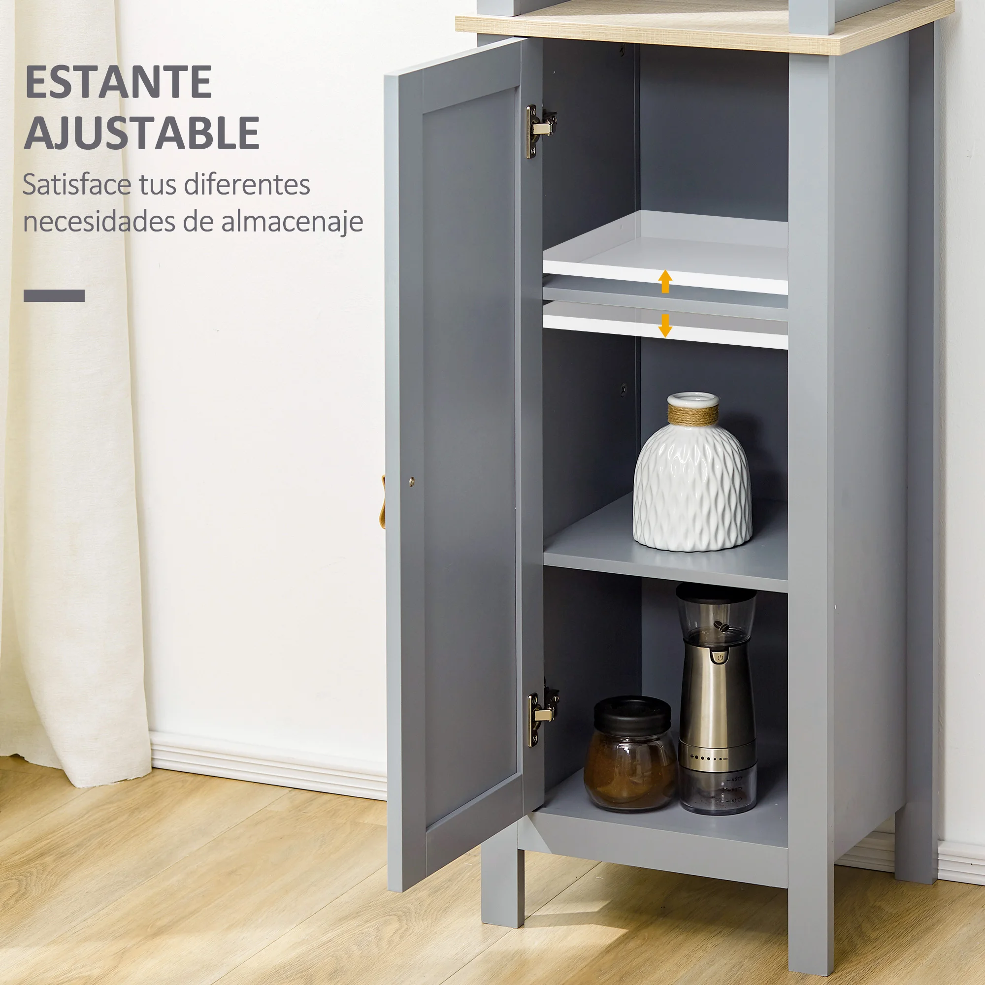 kleankin Armario Alto de Baño Mueble Columna Estrecho Moderno con 1 Puerta Estante Ajustable y 3 Compartimentos 39x30x168cm Gris - imagen 4
