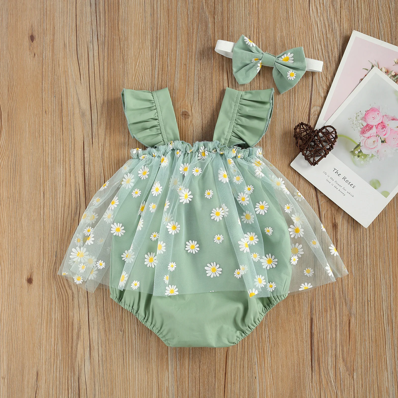 VISgogo-Pelele con estampado de margaritas para niñas pequeñas, traje de malla con manga de mosca, conjunto de diadema con lazo, ropa de verano - imagen 4