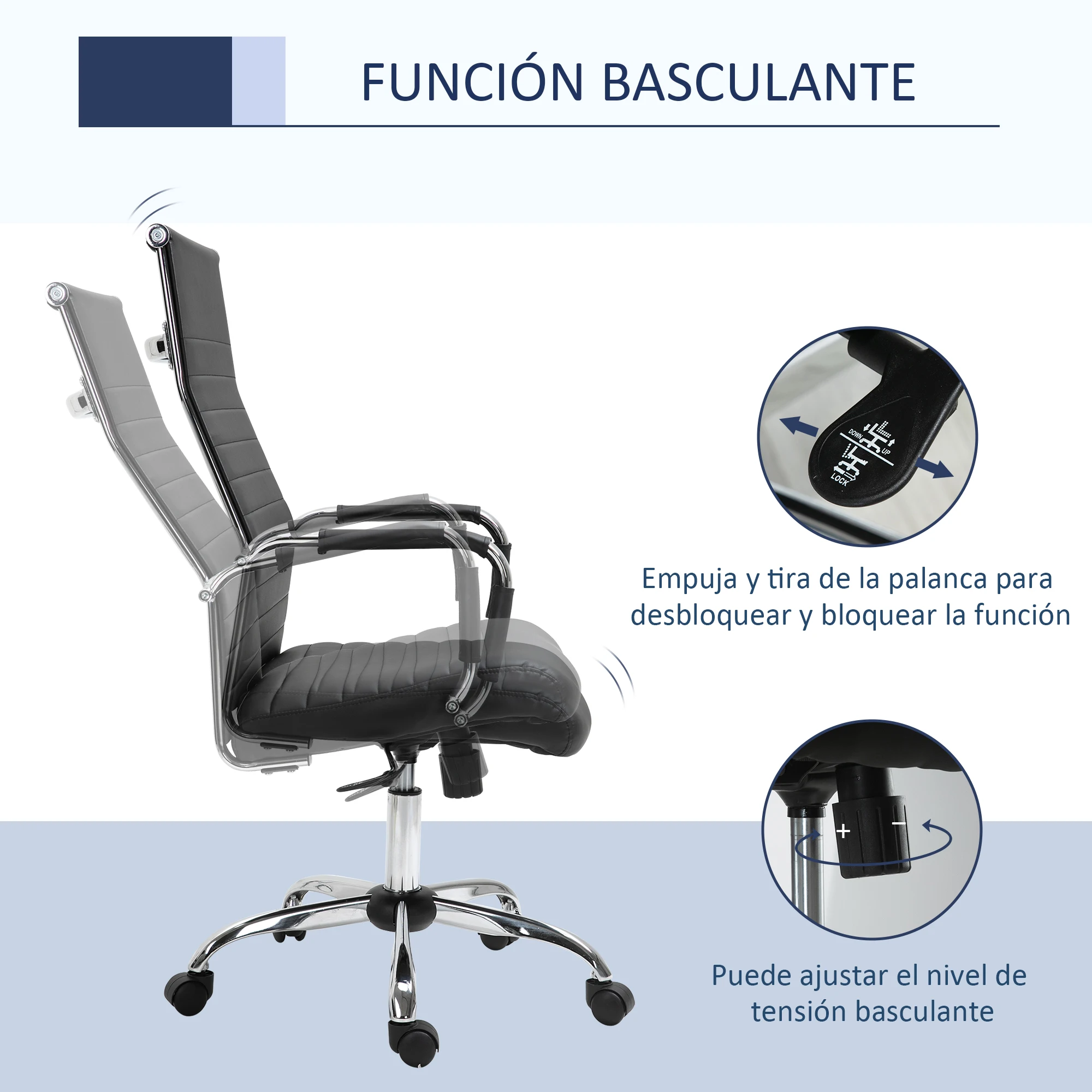 Vinsetto Silla de Oficina Ergonómica Silla de Escritorio Basculante con Altura Ajustable y Ruedas 54x62x104-114cm Negro - imagen 4