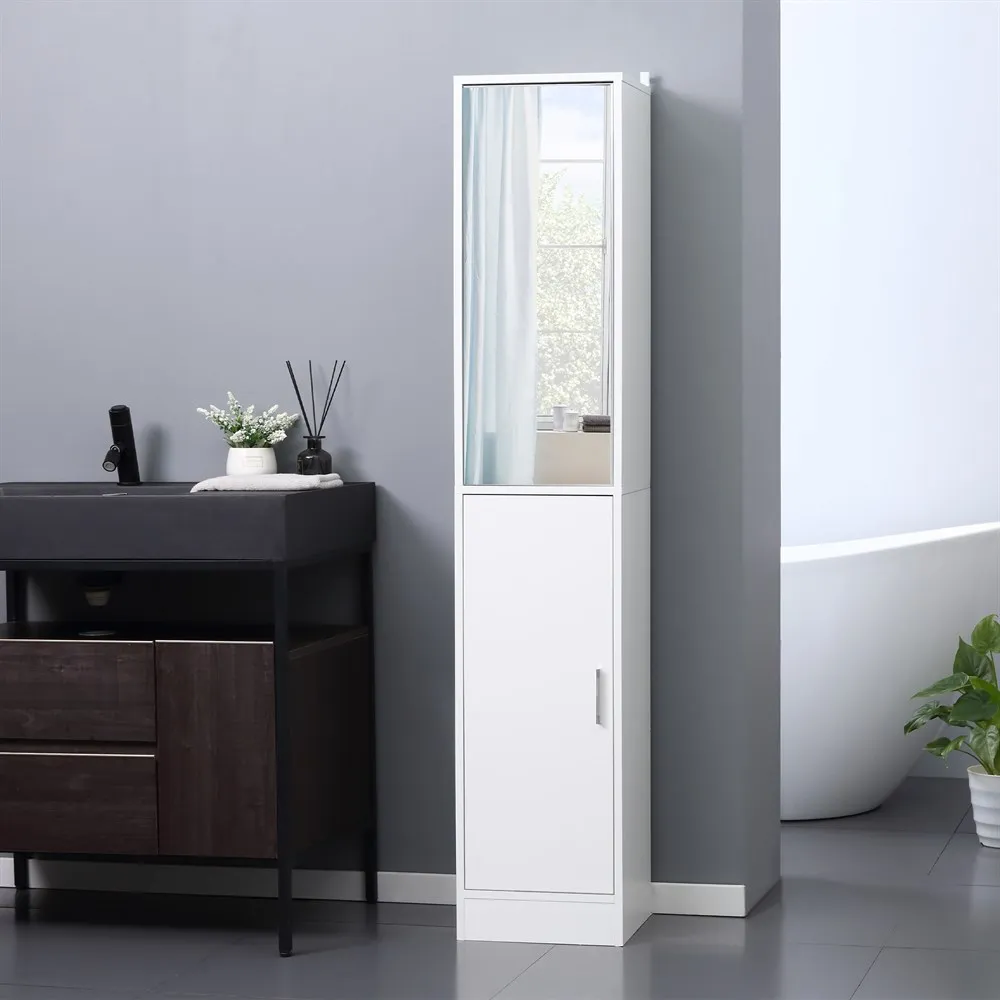 kleankin Armario para Baño Alto Mueble Columna de Baño con Espejo 2 Puertas y Estantes Interiores Ajustables Multiusos para Cocina Salón 32x28x162 cm Blanco - imagen 2