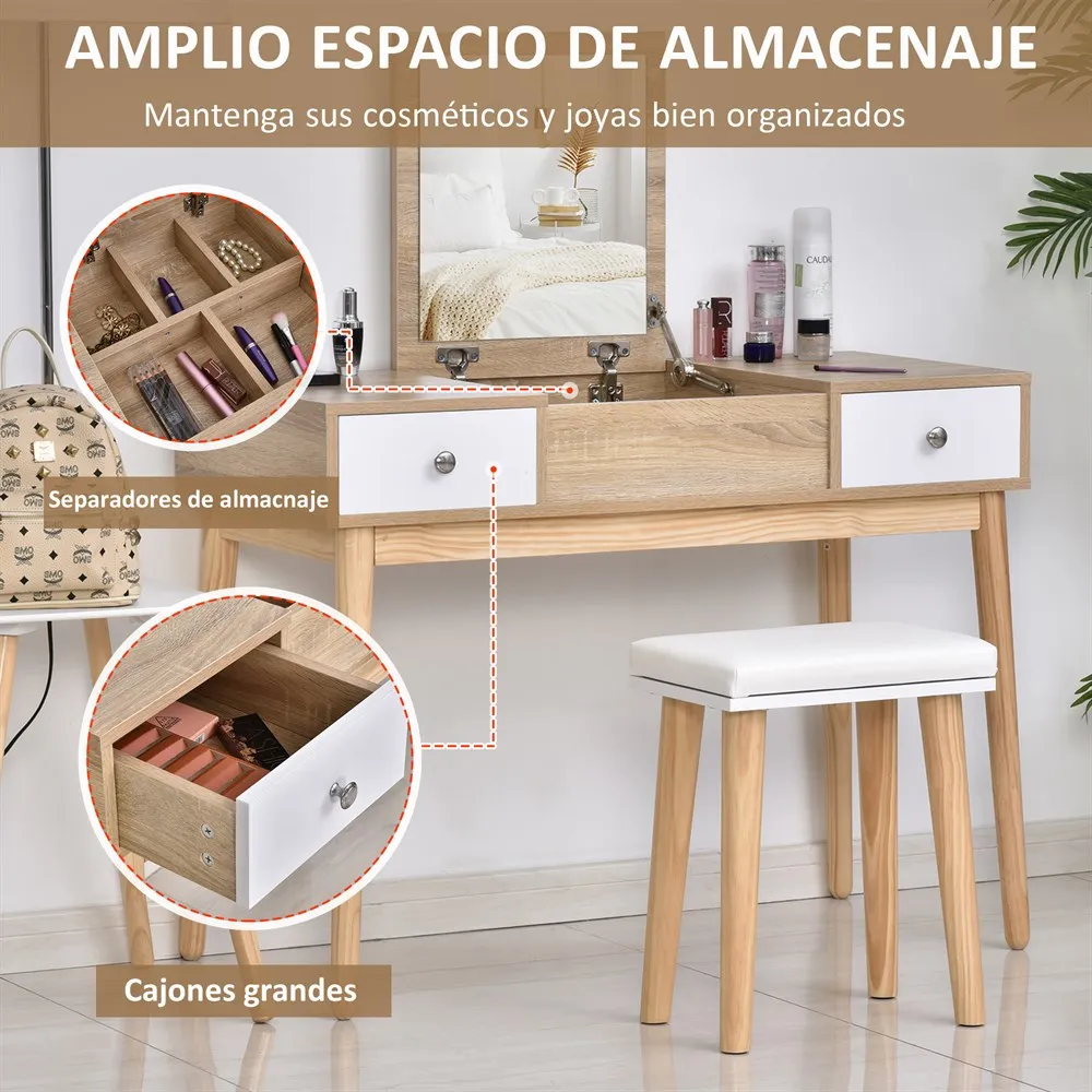 HOMCOM Tocador con Espejo Abatible Mesa de Maquillaje con Taburete Acolchado Cojín Suave Compartimentos Color Natural - imagen 5