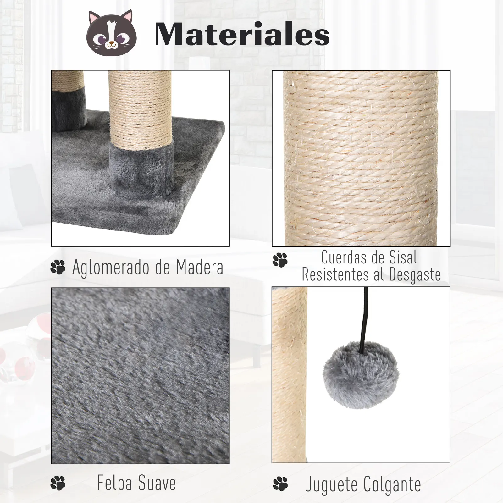 PawHut Árbol Rascador para Gatos 154 cm de Altura Escalador con Plataformas Túnel Hamaca y Postes de Rascado de Sisal, Gris - imagen 5