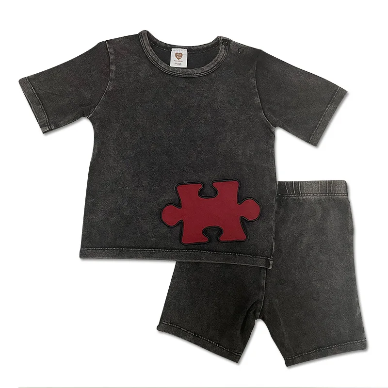 Conjunto de ropa de verano para bebé, top y pantalones de mezclilla de punto, ropa para niño y niña, cuello redondo, mangas cortas con parches rojos - imagen 2