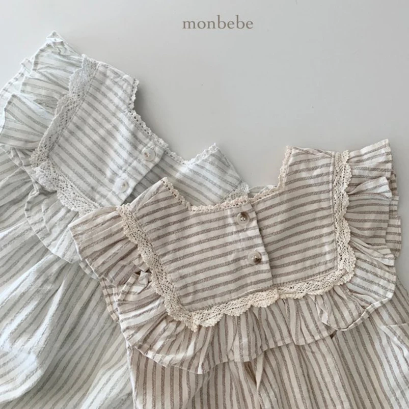 Mameluco a rayas Vintage para niñas - Verano con volantes suaves - imagen 5