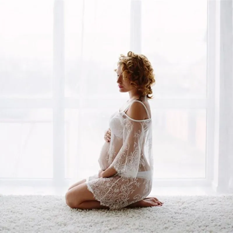 Vestido corto de encaje transparente para sesión de fotos, ropa de maternidad con tirantes, para sesión de fotos del embarazo - imagen 4