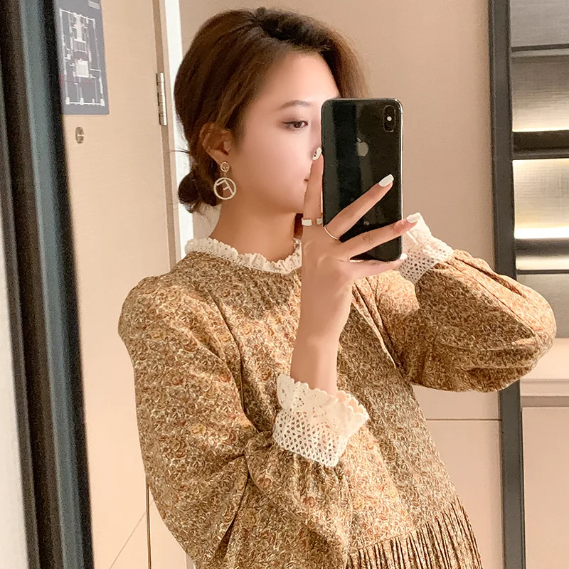 2024 primavera moda coreana vestido largo de maternidad estampado Floral una línea ropa suelta para mujeres embarazadas corbatas cintura embarazo - imagen 3