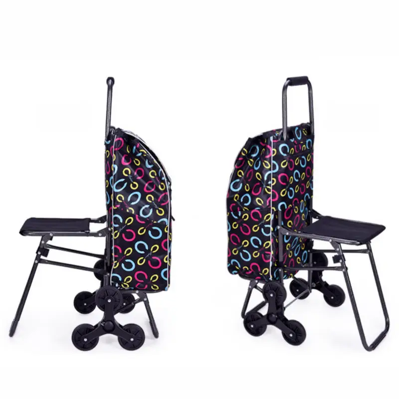 Carro de compras para subir escaleras con bolsa impermeable y silla, carrito para el hogar con asiento, carrito de compras con estructura de acero, carrito con varilla de tracción - imagen 2