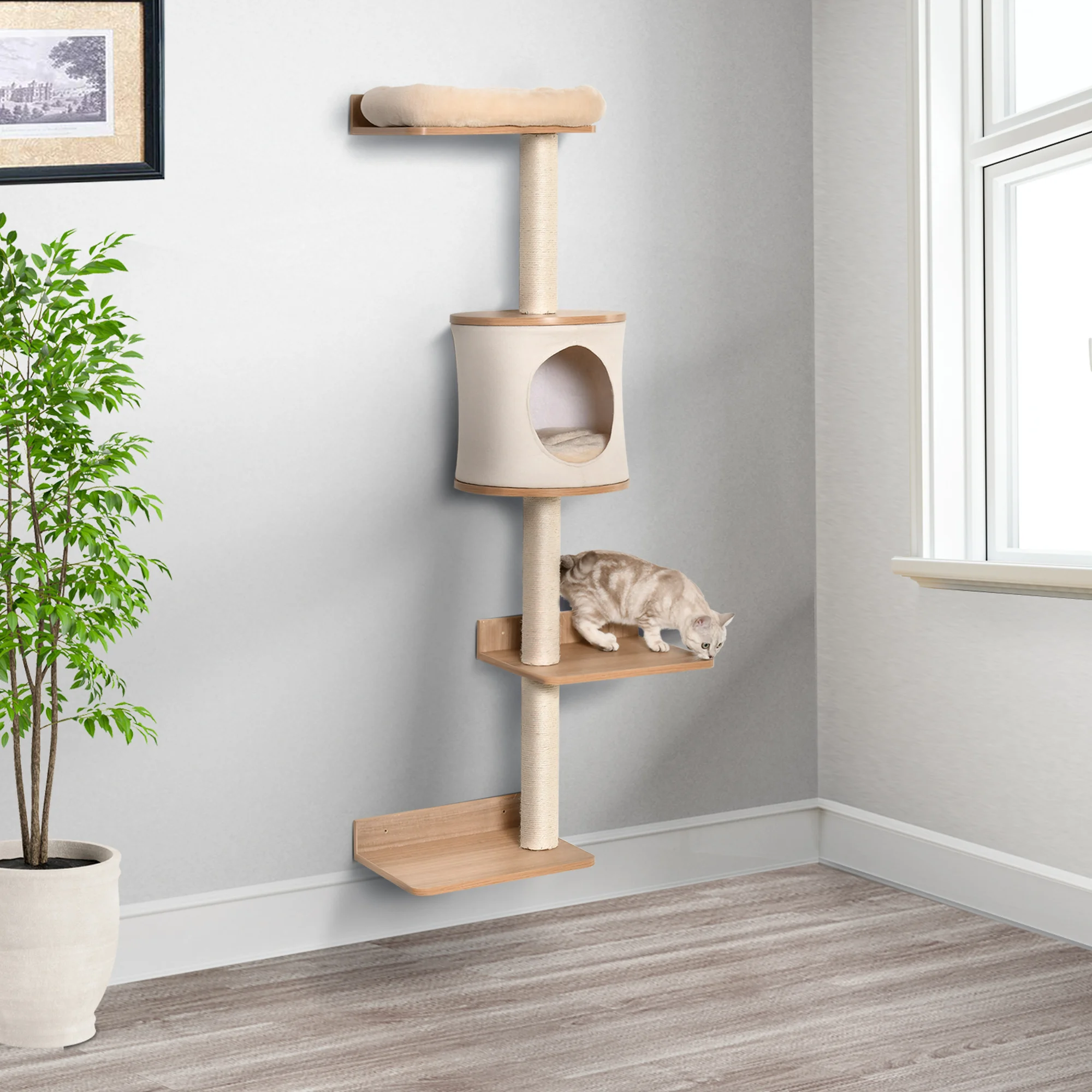 PawHut Árbol para Gatos de Pared con Múltiples Plataformas Cueva Cama Superior Cojín Extraíble Postes Rascadores de Sisal Torre para Escalar 38x30x149 cm Beige y Roble - imagen 2