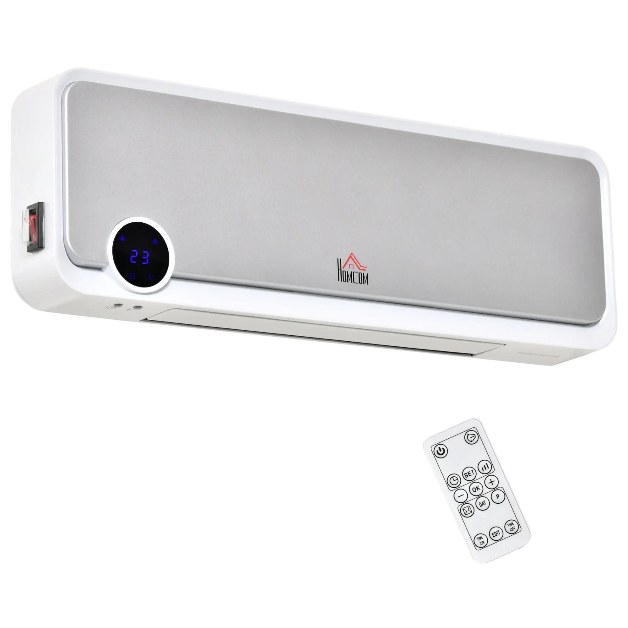 HOMCOM Calefactor Cerámico de Pared 1000W/2000W con Mando a Distancia Pantalla LED Temporizador de 12H Termostato y Protección contra Sobrecalentamiento 56x18,5x11,7 cm Blanco