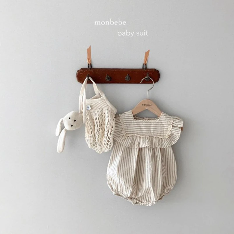 Mameluco a rayas Vintage para niñas - Verano con volantes suaves - imagen 4