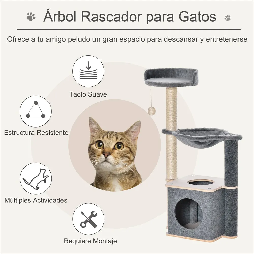 PawHut Árbol Rascador para Gatos Escalar Juego y Descanso con Hamaca Plataformas Cueva Bola Colgante y Postes 48x34x95 cm Gris - imagen 5