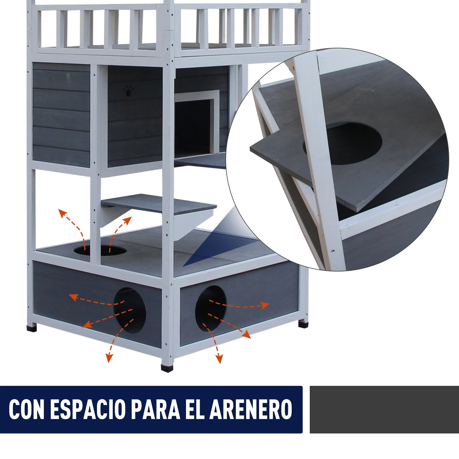 PawHut Caseta para Gatos de Madera de Abeto con Gran Espacio de 4 Pisos y Centro de Actividades 78x76x140cm - imagen 5