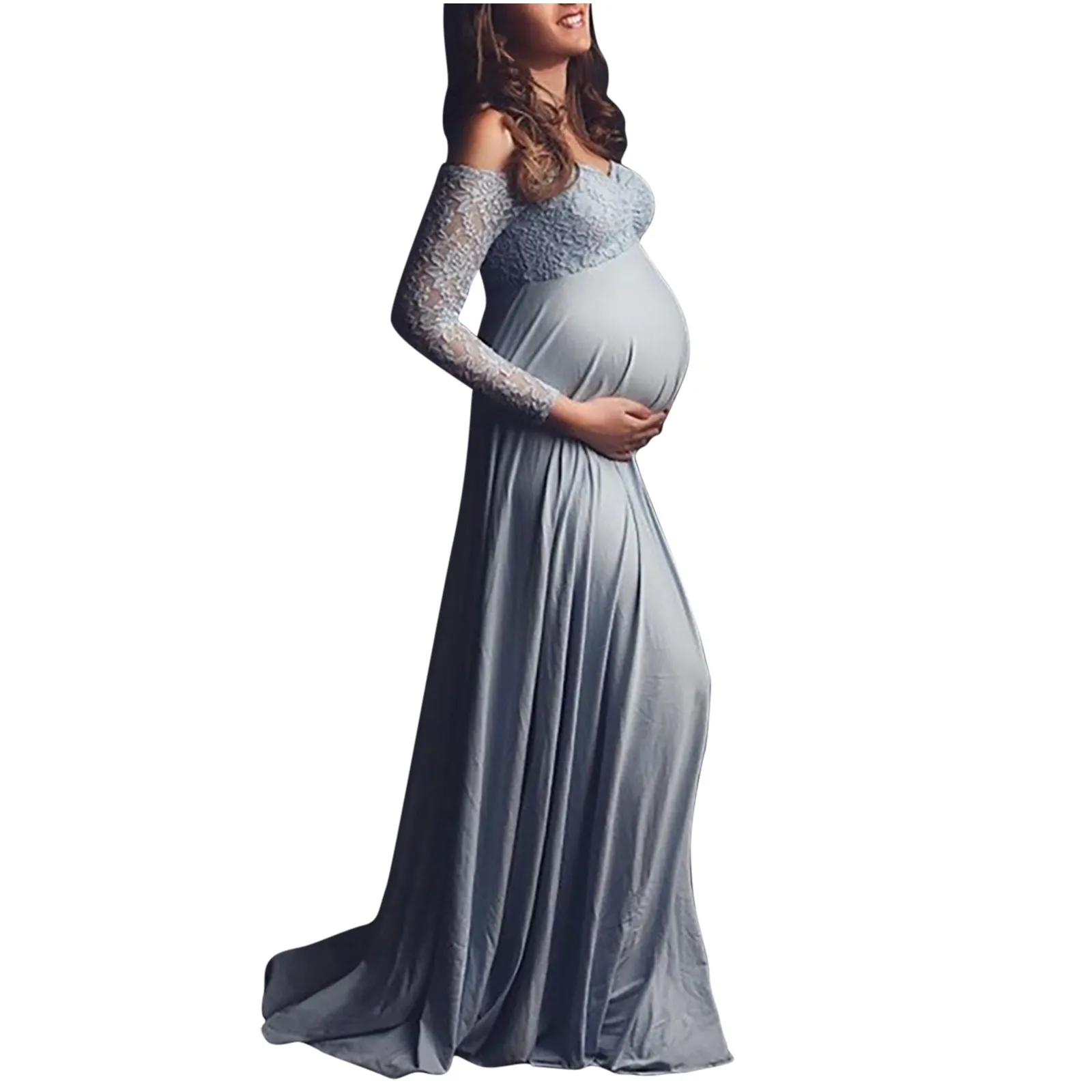 Accesorios de fotografía para embarazadas con costura de encaje y cuello en V para mujer, vestido largo de maternidad Одеж Бе eusм desain onderdelenх, ropa de maternidad - imagen 4