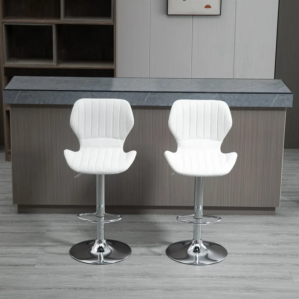 HOMCOM Juego de 2 Taburetes Altos de Cocina y Giratorio Taburetes Altos de Cuero Sintético con Respaldo y Estructura de Metal 47x51,5x92-114 cm Blanco - imagen 2