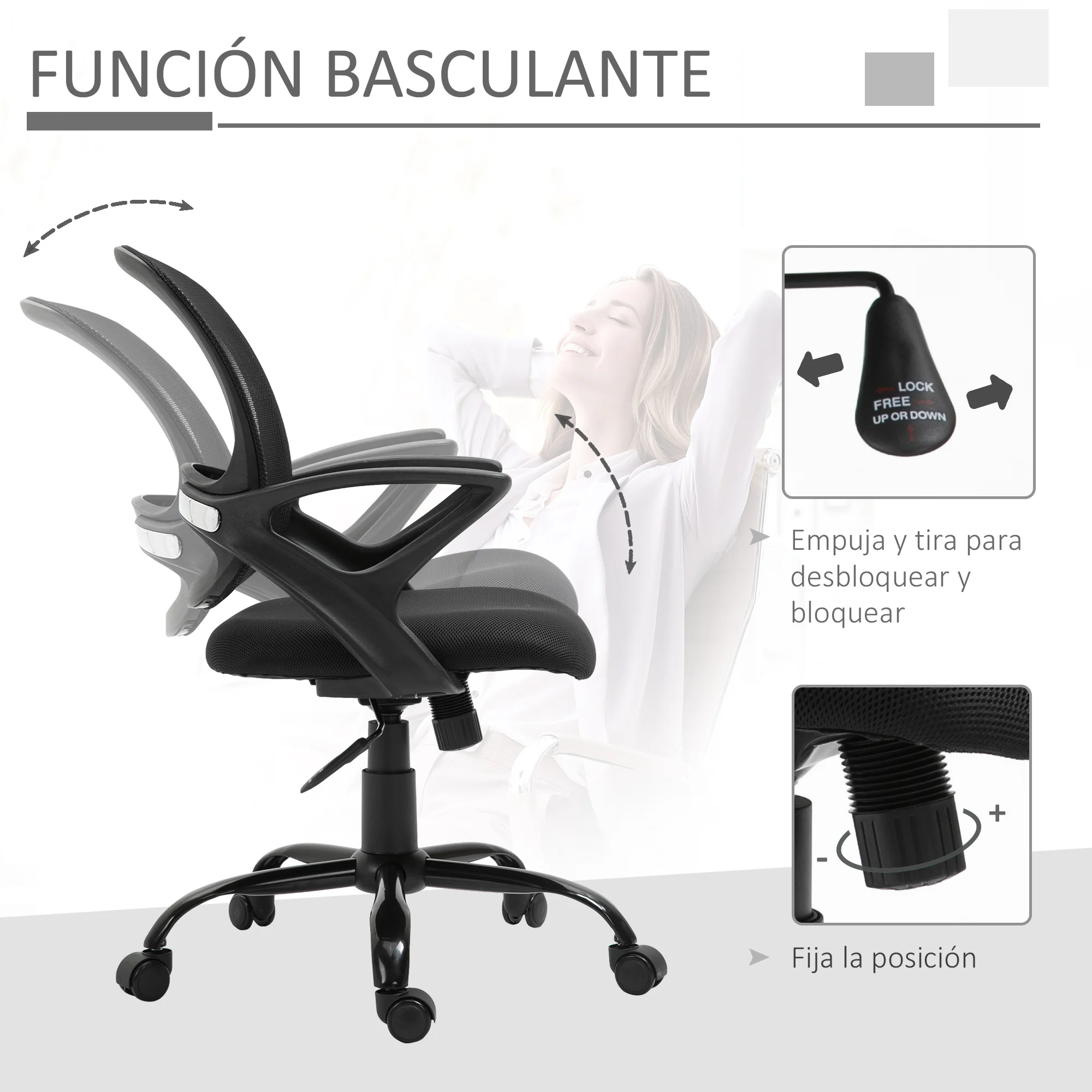 Vinsetto Silla de Oficina Ergonómica Silla de Escritorio Basculante con Altura Ajustable Giratorio 360° y Soporte Lumbar Negro - imagen 4