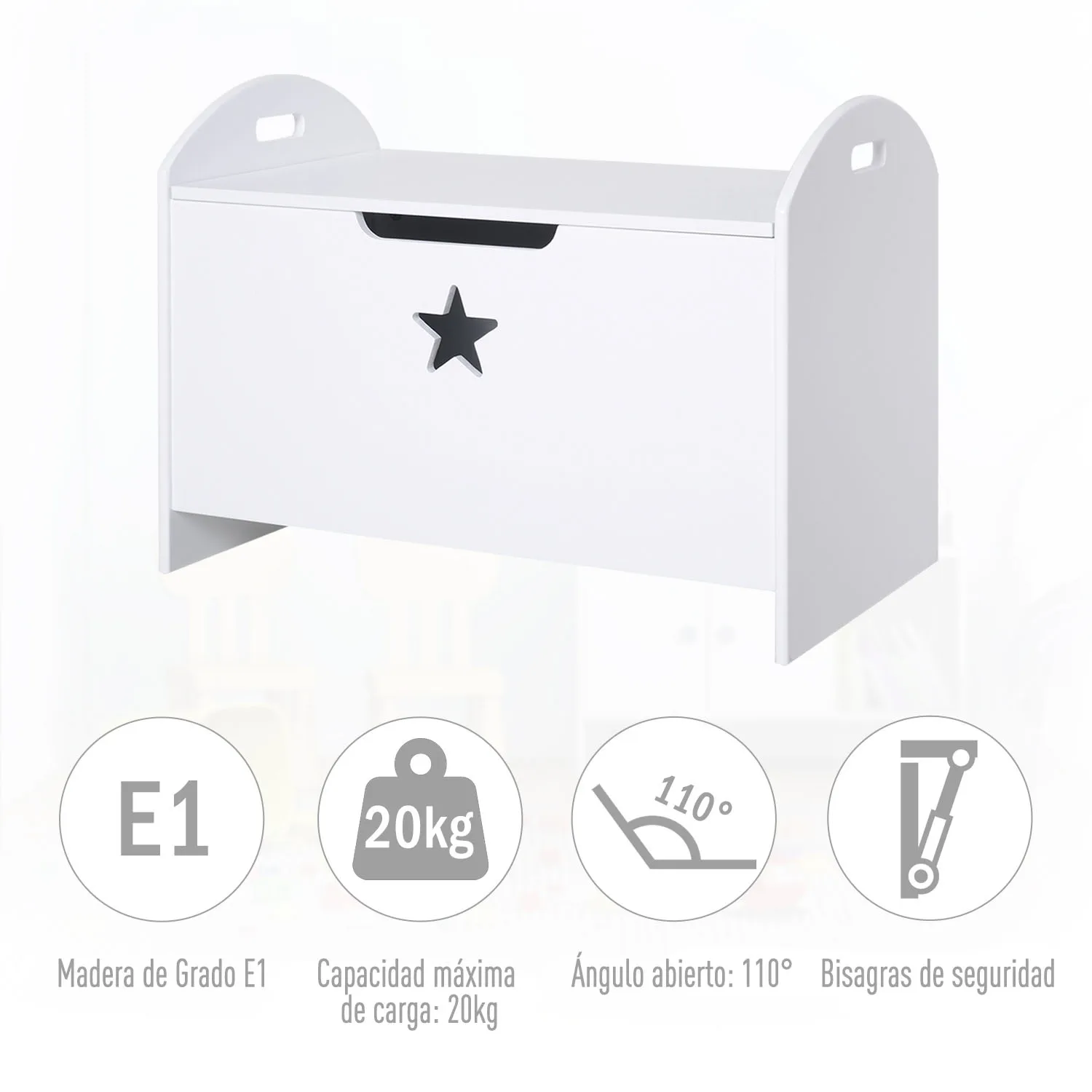 HOMCOM Baúl de Almacenaje Organizador de Juguete de Niño Tapa Reversible Diseño con Seguridad Carga 20 kg 62x40x46,5 cm Blanco - imagen 3