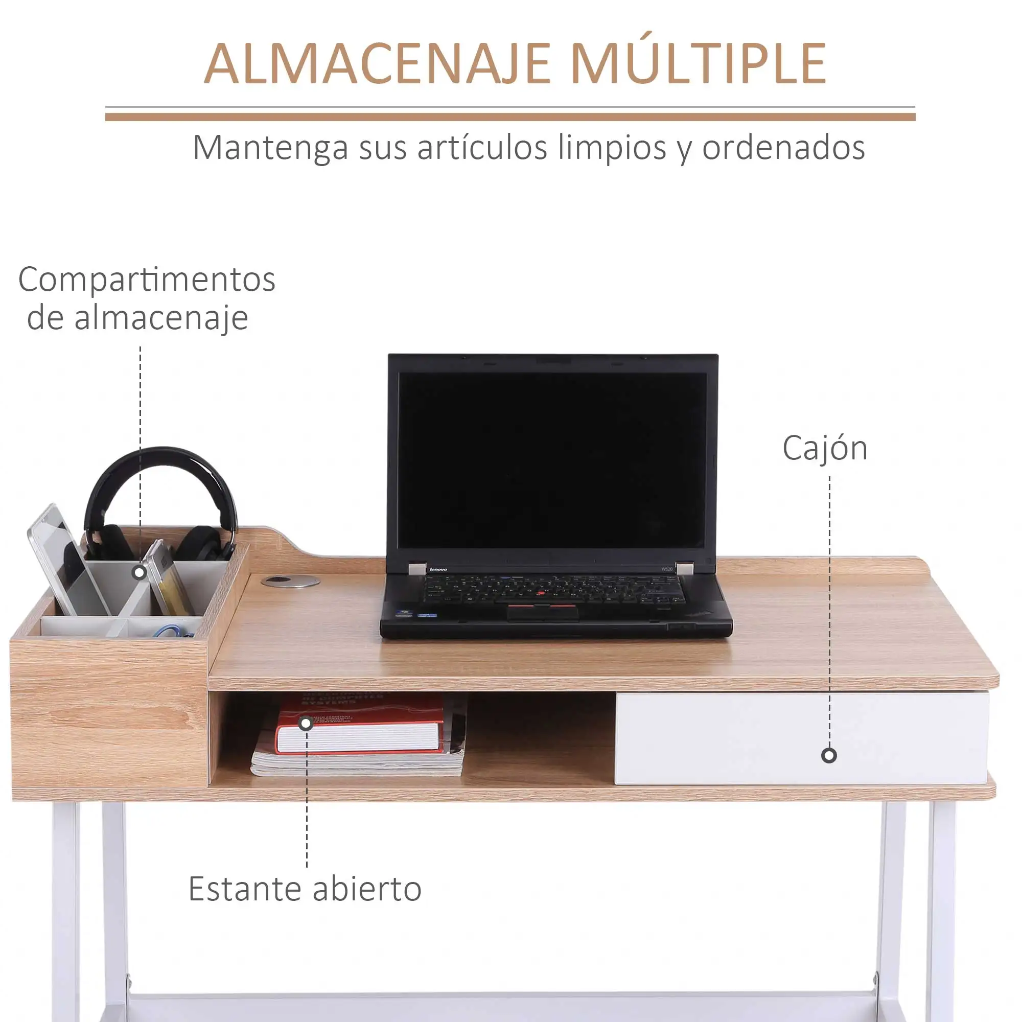 HOMCOM Mesa de Ordenador Escritorio para Oficina Estante Compartimientos de Almacenaje 100x55x81.5cm Madera y Metal - imagen 3