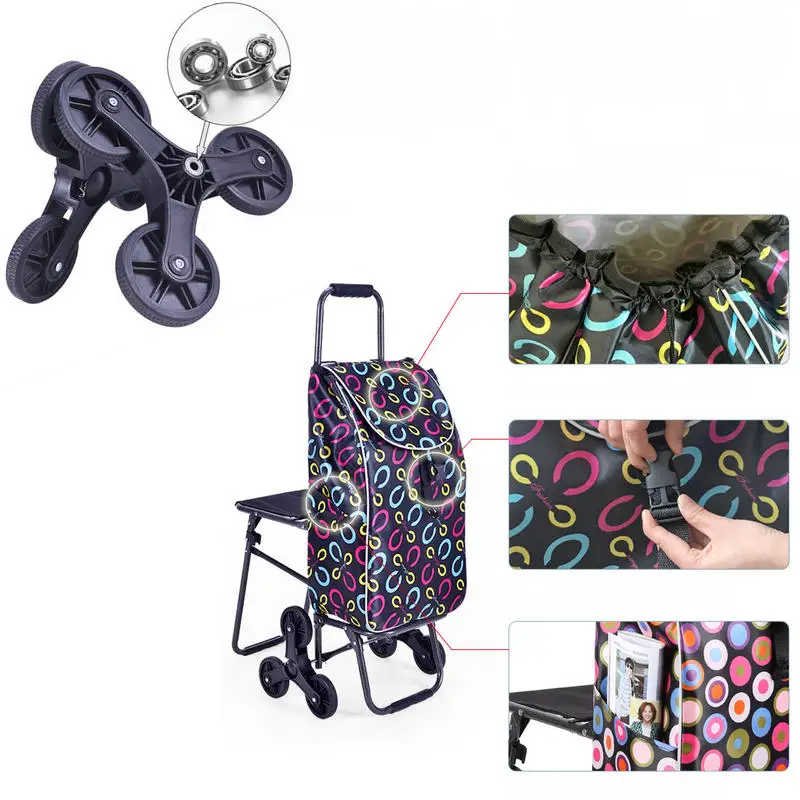 Carro de compras para subir escaleras con bolsa impermeable y silla, carrito para el hogar con asiento, carrito de compras con estructura de acero, carrito con varilla de tracción - imagen 5