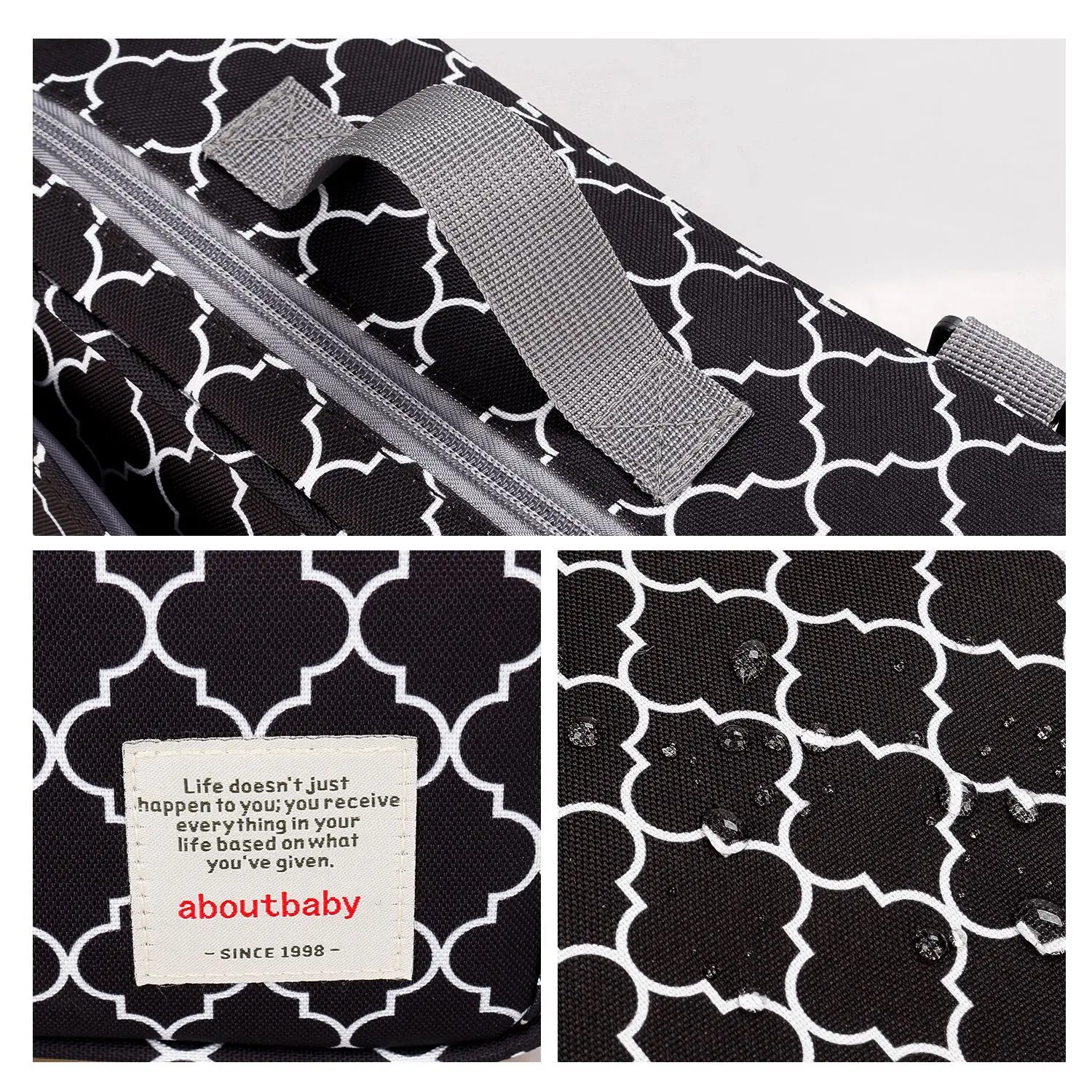 Un primer plano de una tela estampada en blanco y negro, que parece ser parte de un bolso o equipaje. El patrón consiste en un diseño repetido que parece una combinación de formas florales y geométricas.