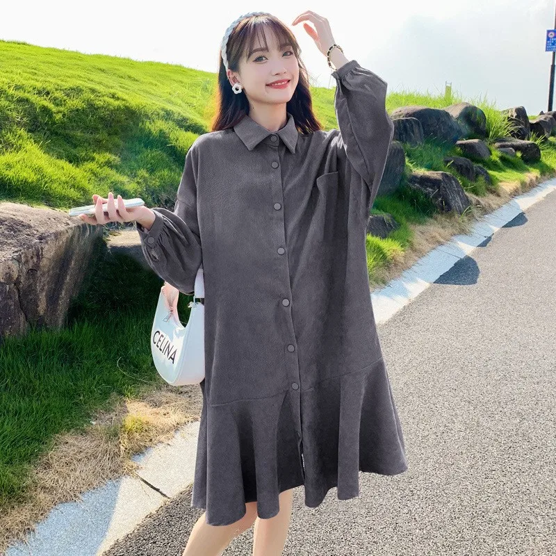 Ropa de maternidad para mujer, vestido camisero de manga larga hasta la rodilla con botones de pana, ropa femenina embarazada para primavera y otoño 2022 - imagen 5