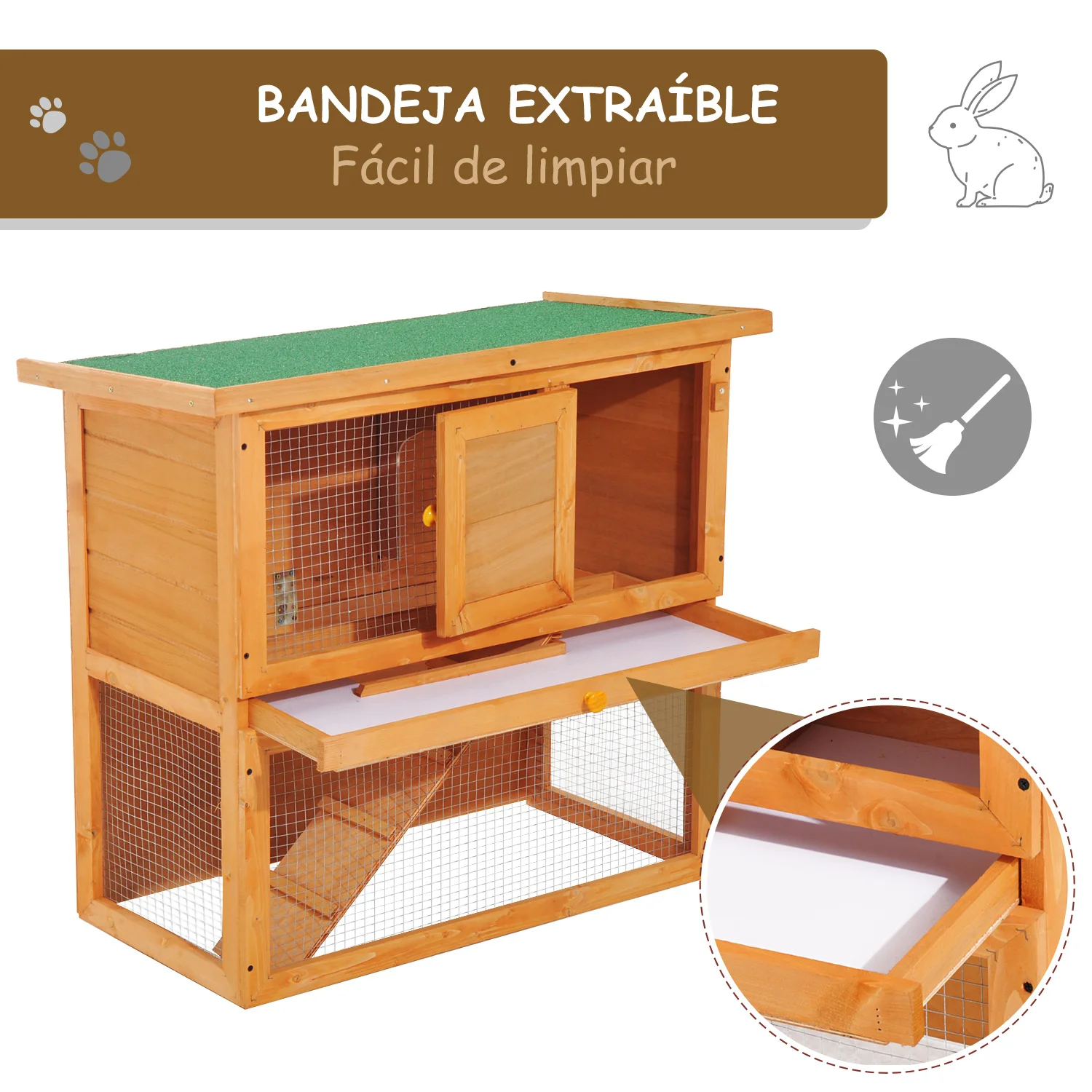PawHut Conejera Madera Jaula para Conejos o Casa para Animales Pequeños 90x45x80cm Área de Juego - imagen 4
