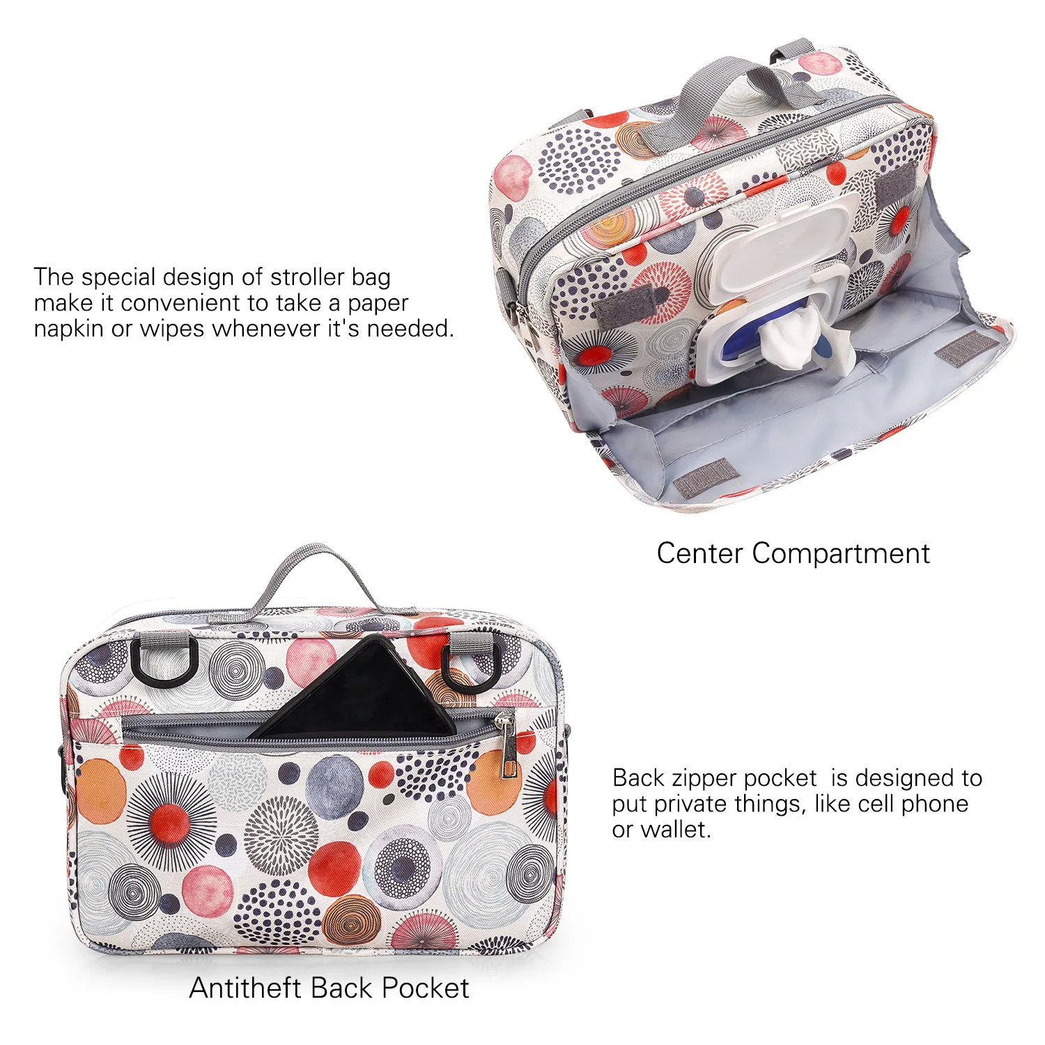 Un bolso para cochecito con varias características destacadas. En el lado izquierdo, hay un primer plano del diseño del bolso, que incluye un patrón de círculos y remolinos en varios colores. La bolsa parece tener un asa para transportarla y una correa para el hombro para opciones de transporte adicionales.