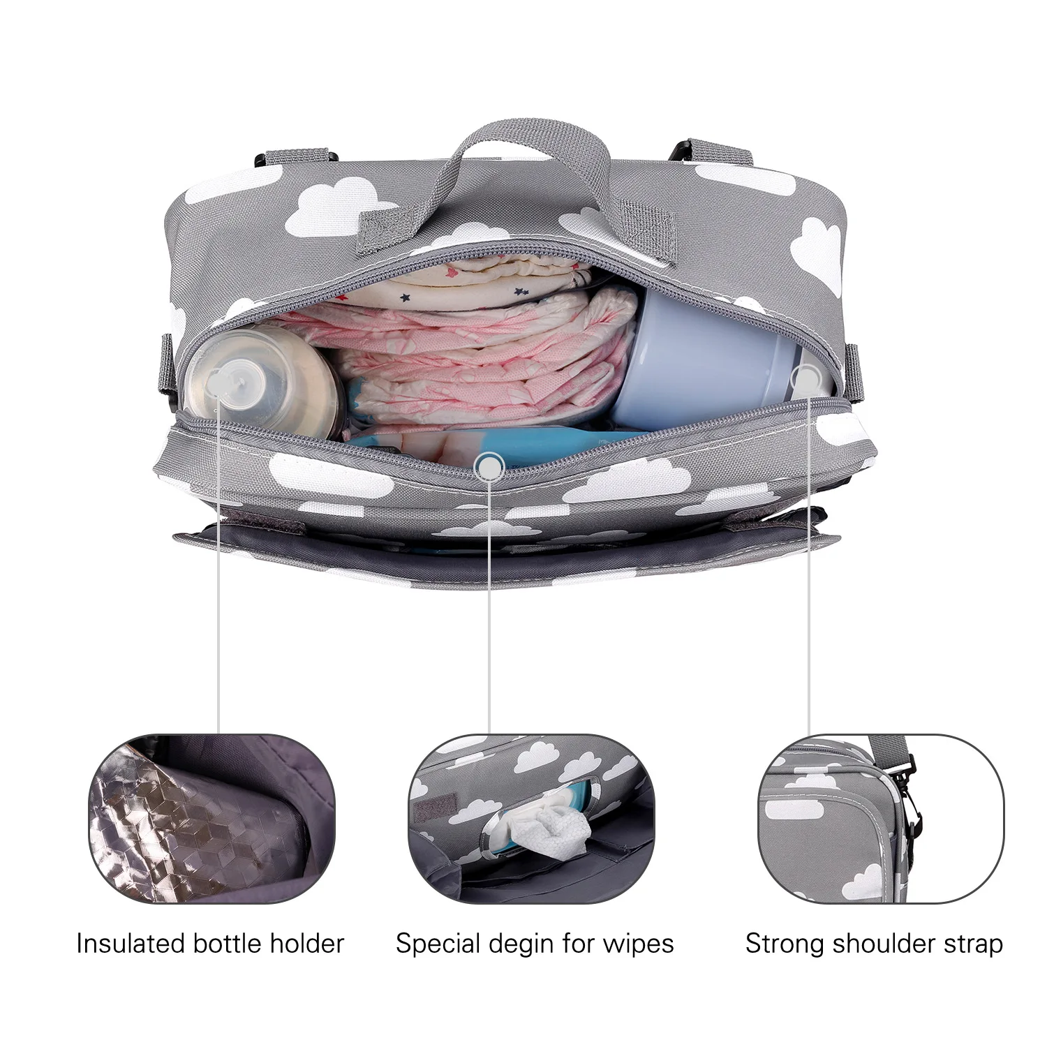 Una bolsa de pañales con su compartimento principal abierto, dejando al descubierto varios artículos que normalmente se utilizan para el cuidado del bebé. Dentro de la bolsa puedes ver:

1. Un biberón con tetina, que probablemente sirva para alimentar al bebé.
2