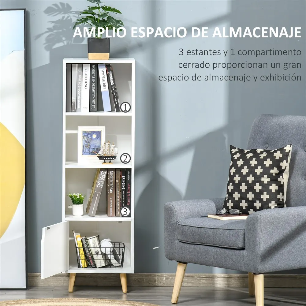 HOMCOM Estantería con 3 Estantes Abiertos y 1 Cerrado con Puerta Librería de Estilo Moderno para Almacenamiento de Libros Juguetes CDs Plantas 40x30x129,5 cm Blanco - imagen 3