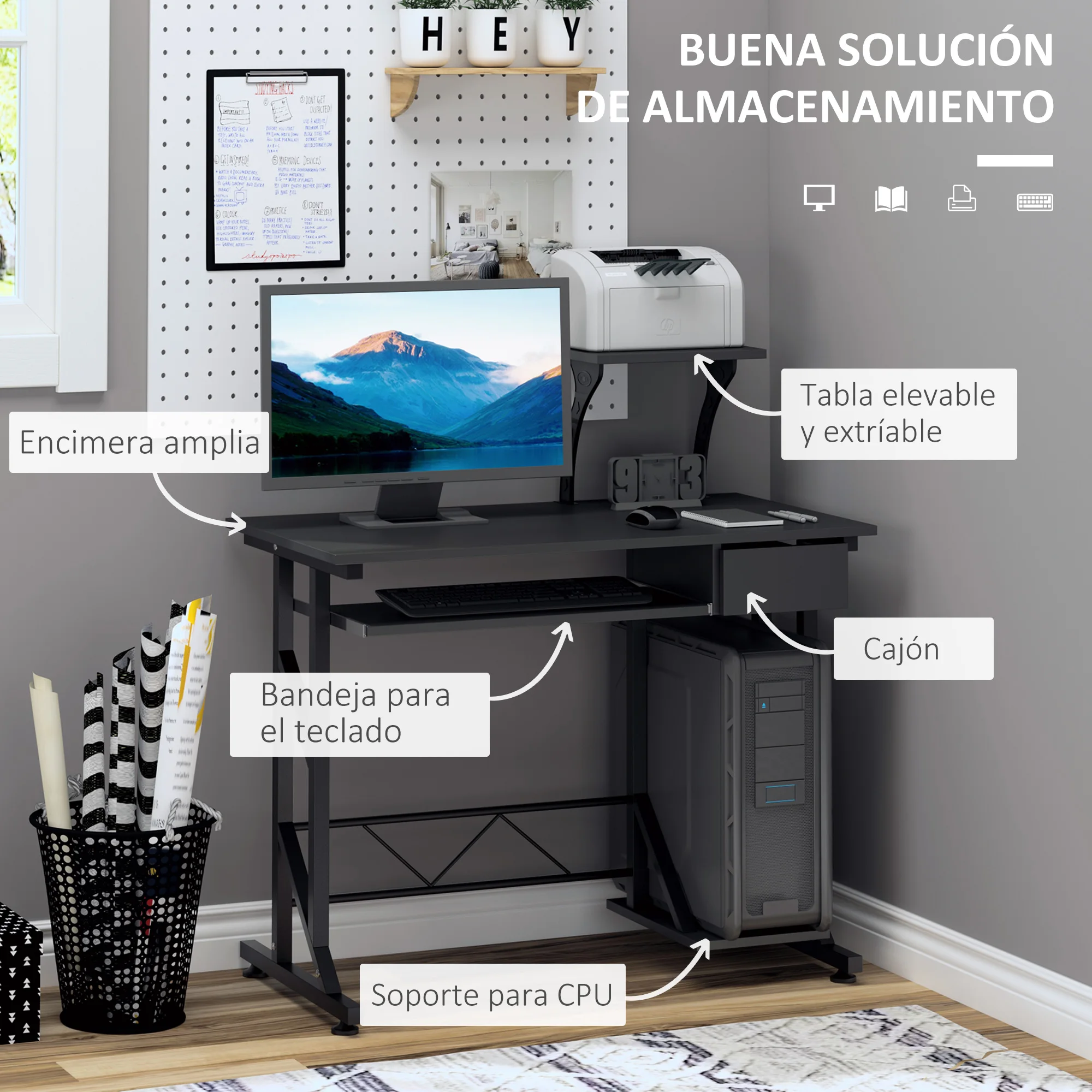 HOMCOM Mesa de Escritorio Mesa de Estudio con Bandeja de Teclado y Cajón Mesa de Ordenador para Despacho Oficina 90x50x100 cm Negro - imagen 3