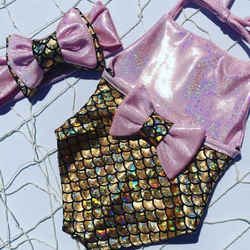 Traje de baño de sirena para niños y niñas, bañador de una pieza con lazo, Bikini con diadema, ropa de playa - imagen 3