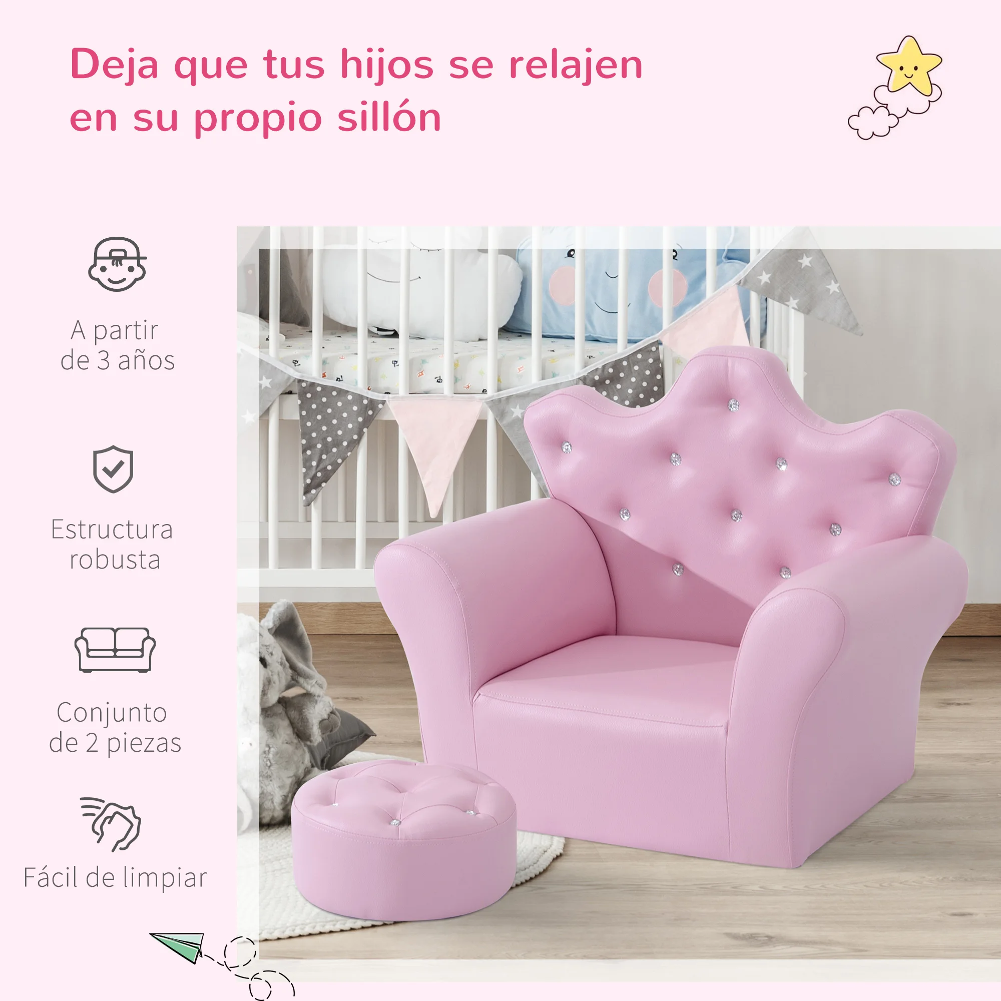 HOMCOM Sofá para Niños con Taburete Sillón Infantil Decorativo con Respaldo Alto en Forma de Corona 58x40,5x49 cm Rosa - imagen 3