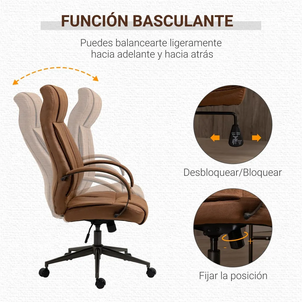 Vinsetto Silla de Oficina Silla de Escritorio Giratoria con Altura Ajustable Reposacabezas Reposabrazos y Respaldo Acolchados Carga 120 kg 65x71,5x114-122 cm Marrón - imagen 4