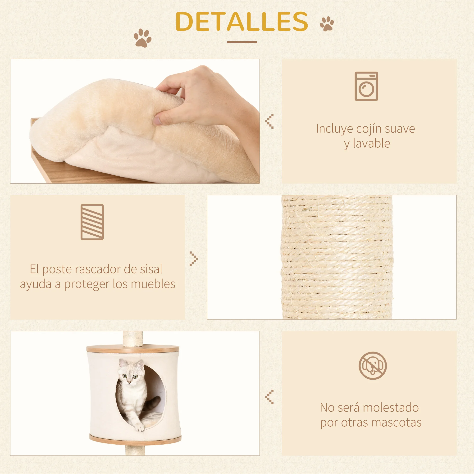 PawHut Árbol para Gatos de Pared con Múltiples Plataformas Cueva Cama Superior Cojín Extraíble Postes Rascadores de Sisal Torre para Escalar 38x30x149 cm Beige y Roble - imagen 4