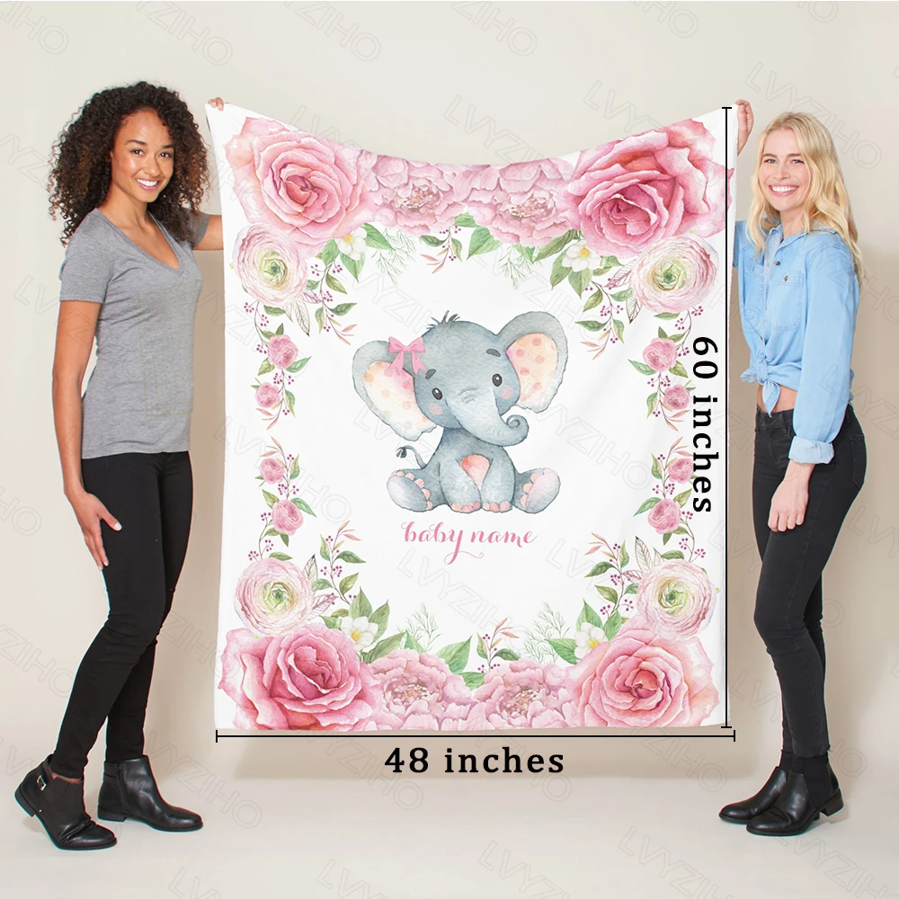 LVYZIHO-Manta de lana de franela para bebé, manta con nombre personalizado, elegante flor, elefante, bebé, niña/niño, Blanket-30x40/48x60/60x80 pulgadas - imagen 4