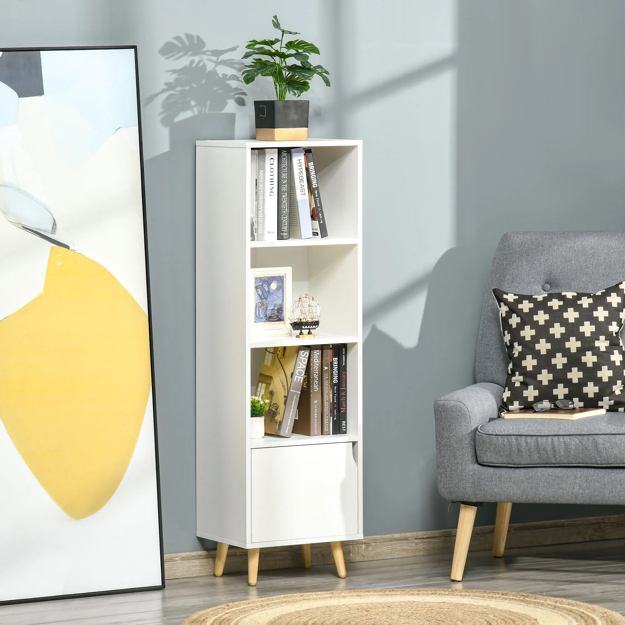 HOMCOM Estantería con 3 Estantes Abiertos y 1 Cerrado con Puerta Librería de Estilo Moderno para Almacenamiento de Libros Juguetes CDs Plantas 40x30x129,5 cm Blanco - imagen 2