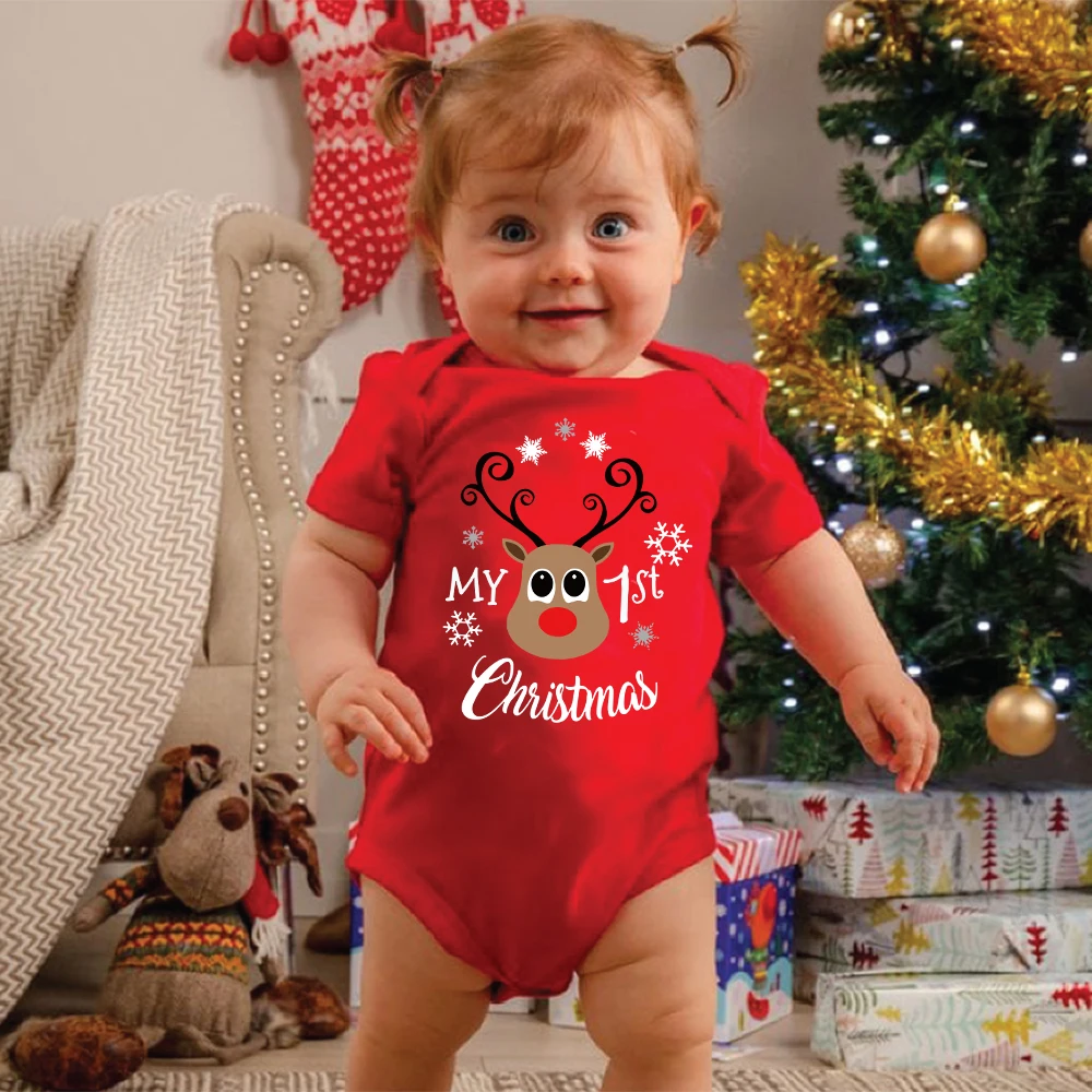 Mi primera Navidad ciervo árbol estampado bebé pelele rojo algodón manga corta recién nacido niños niñas monos infantiles ropa de Navidad regalo de fiesta