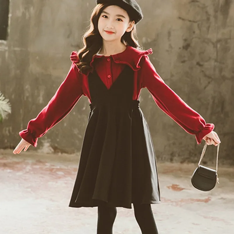 Traje de vestir para niñas, conjunto de 2 uds de camisa de terciopelo y vestido de tirantes de manga larga para niños, trajes de Navidad, disfraces de Año Nuevo, princesa, 2022