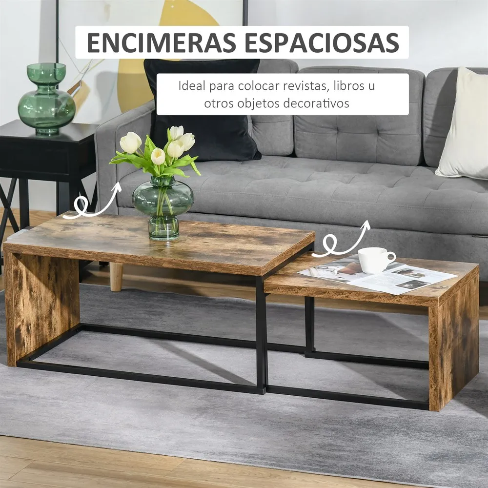 HOMCOM Juego de 2 Mesas de Centro Mesitas de Café con Patas de Metal Estilo Industrial 90x48x42 cm y 59x42x36 cm Marrón Rústico