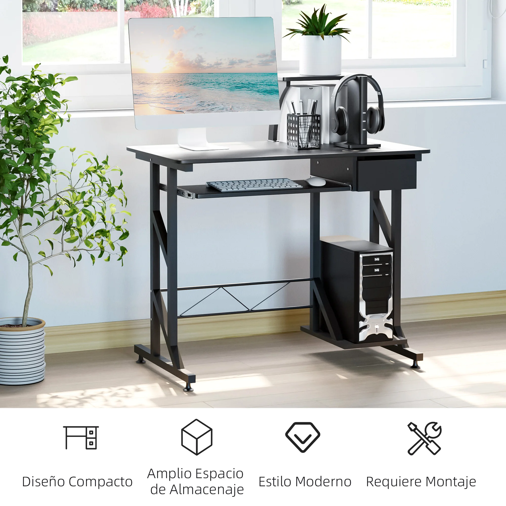 HOMCOM Mesa de Escritorio Mesa de Estudio con Bandeja de Teclado y Cajón Mesa de Ordenador para Despacho Oficina 90x50x100 cm Negro - imagen 5