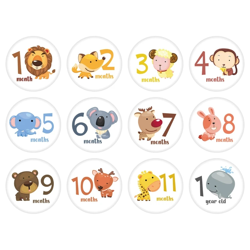 Un conjunto de 12 tarjetas de animales para bebés con el número de meses en los que están