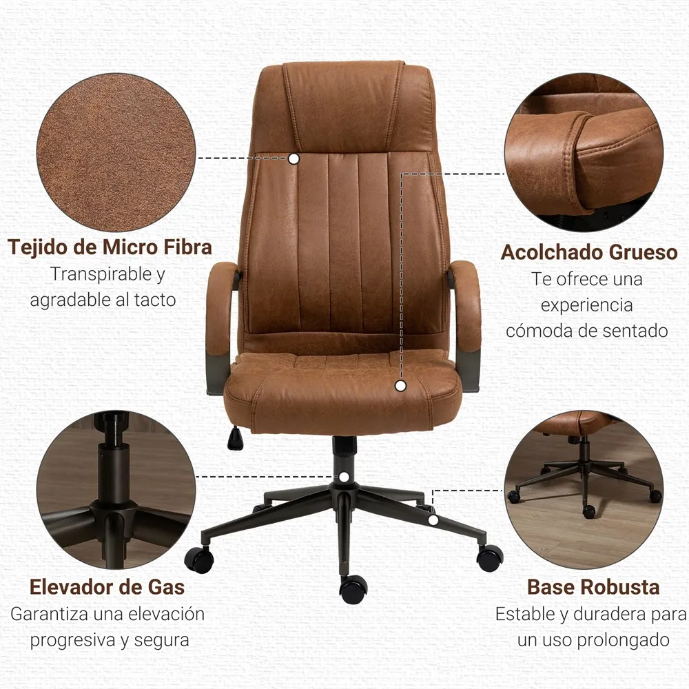 Vinsetto Silla de Oficina Silla de Escritorio Giratoria con Altura Ajustable Reposacabezas Reposabrazos y Respaldo Acolchados Carga 120 kg 65x71,5x114-122 cm Marrón - imagen 5