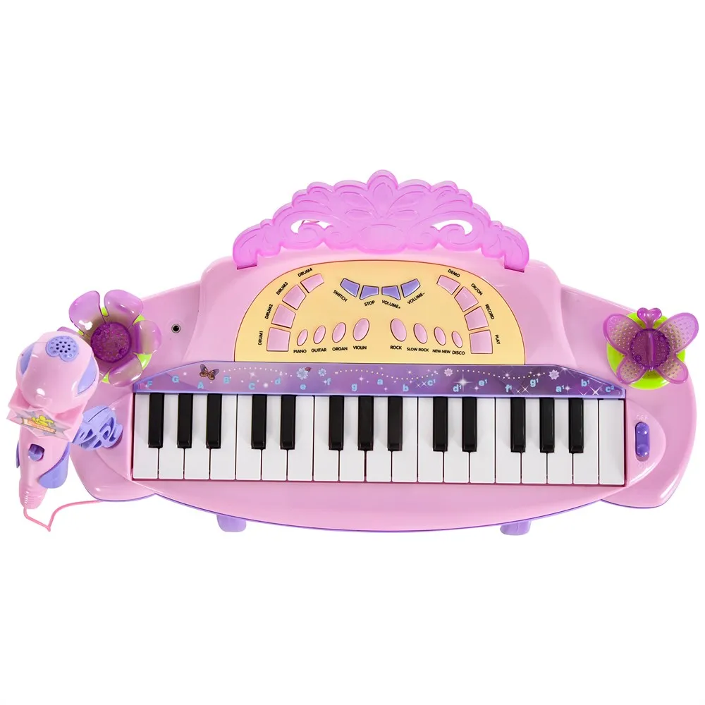 HOMCOM Teclado Electrónico Infantil 32 Teclas Juguete Musical con Micrófono Taburete Luces Variedad Sonidos Rítmos MP3 Rosa - imagen 5