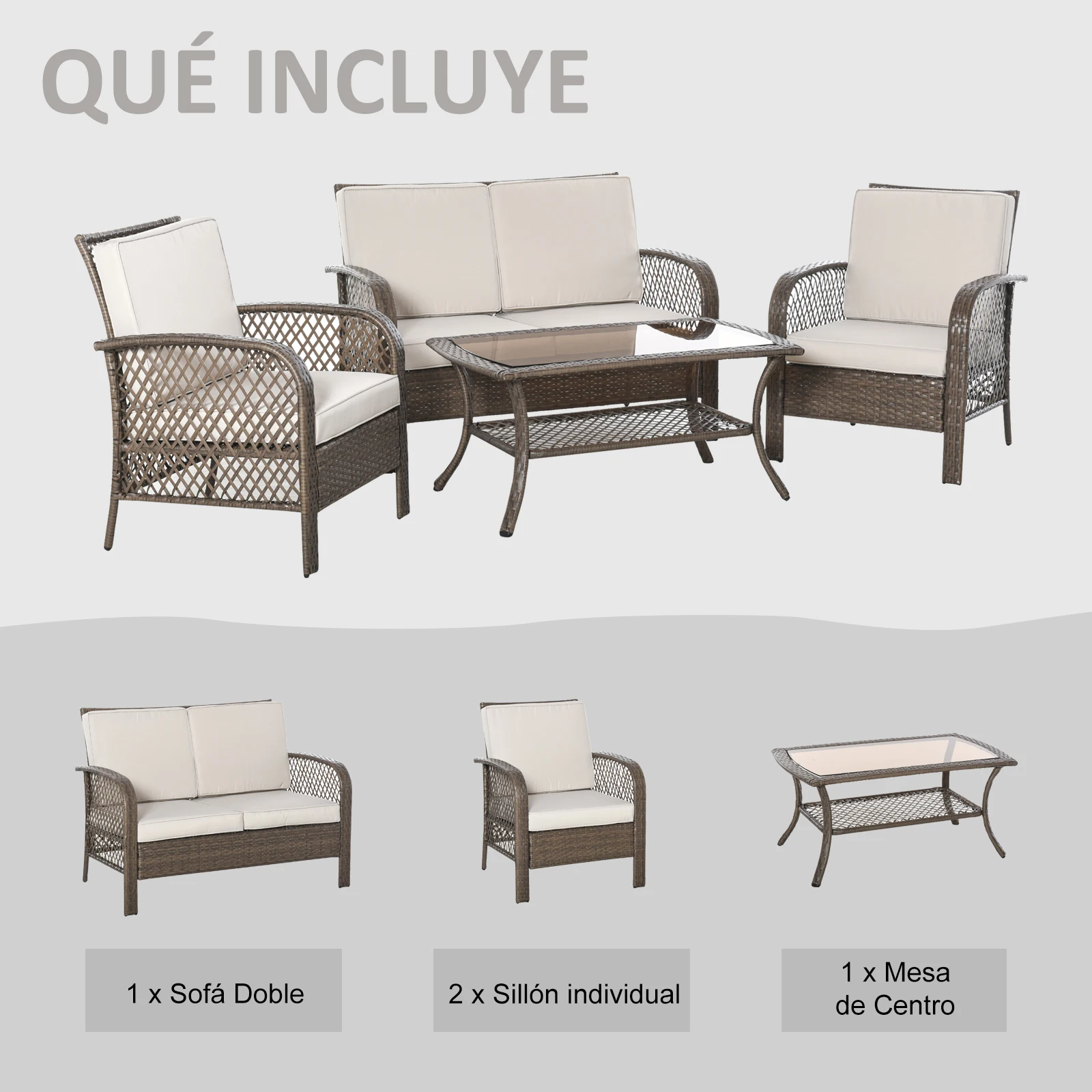 Outsunny Conjunto de 4 Muebles de Jardín de Ratán Sillón Sofá Doble y Mesa de Café con Cojines para Terraza Patio Marrón Caqui - imagen 3