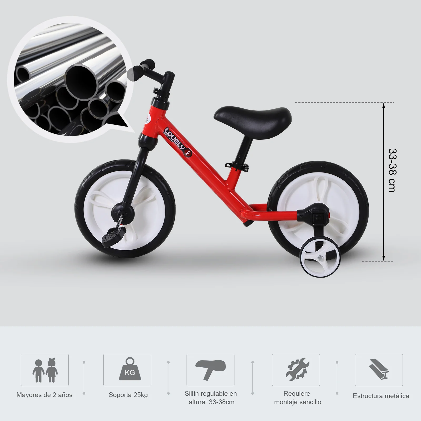 HOMCOM Bicicleta de Equilibrio con Pedales y Ruedas Entrenamiento Extraíbles Altura Regulable 33-38cm Niños 2-5 Años - imagen 3
